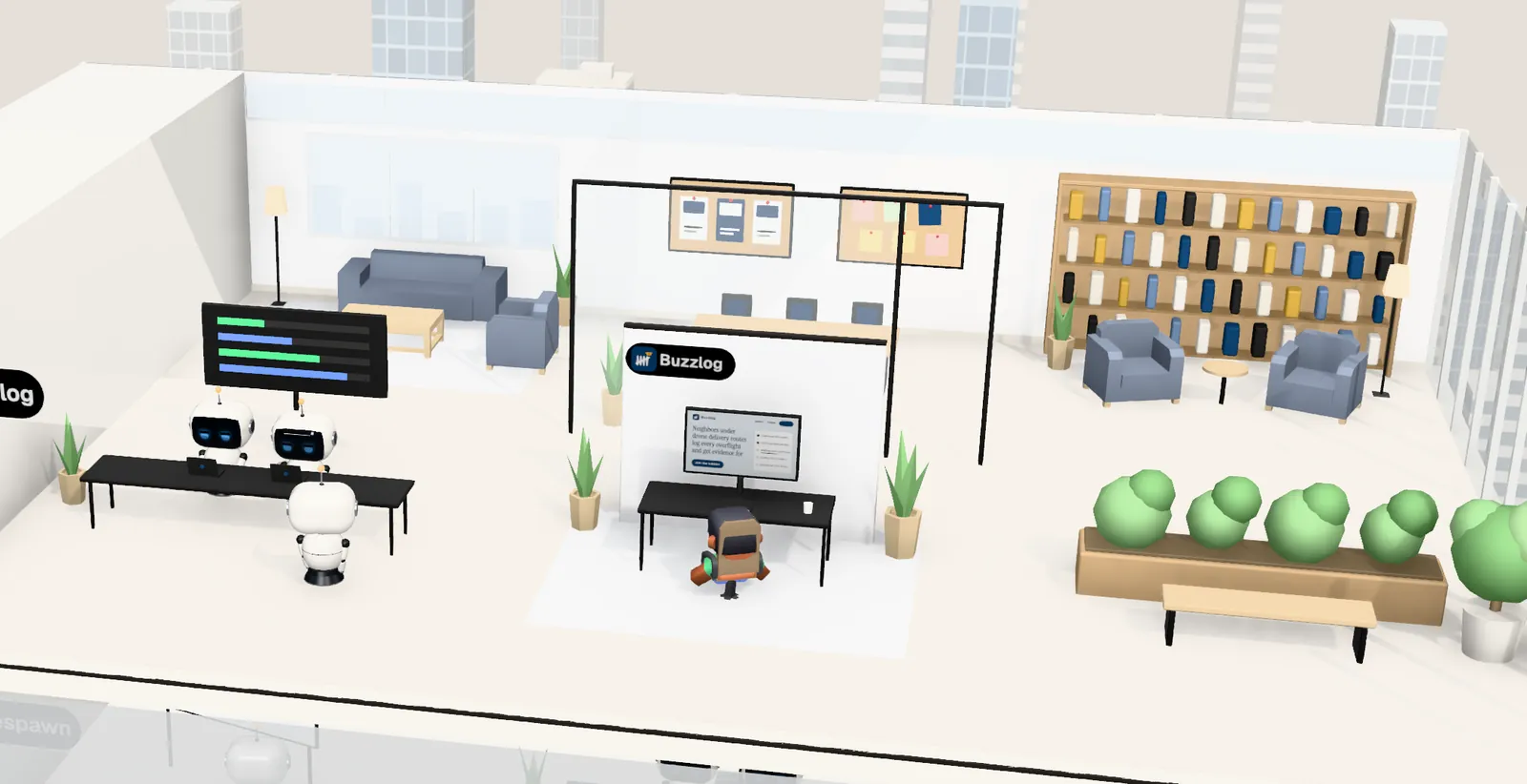 Buzzlog’s office on floor 9 of Tower 2: the owner’s desk with the website on screen, the agents’ bench, a meeting room and a library